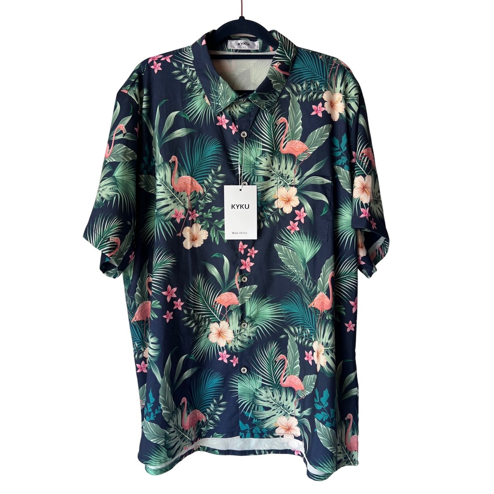 KYKU Mens Flamingo Tropical Floral Hawaiian Shirt Navy‎ Blue Short Sleeve Large